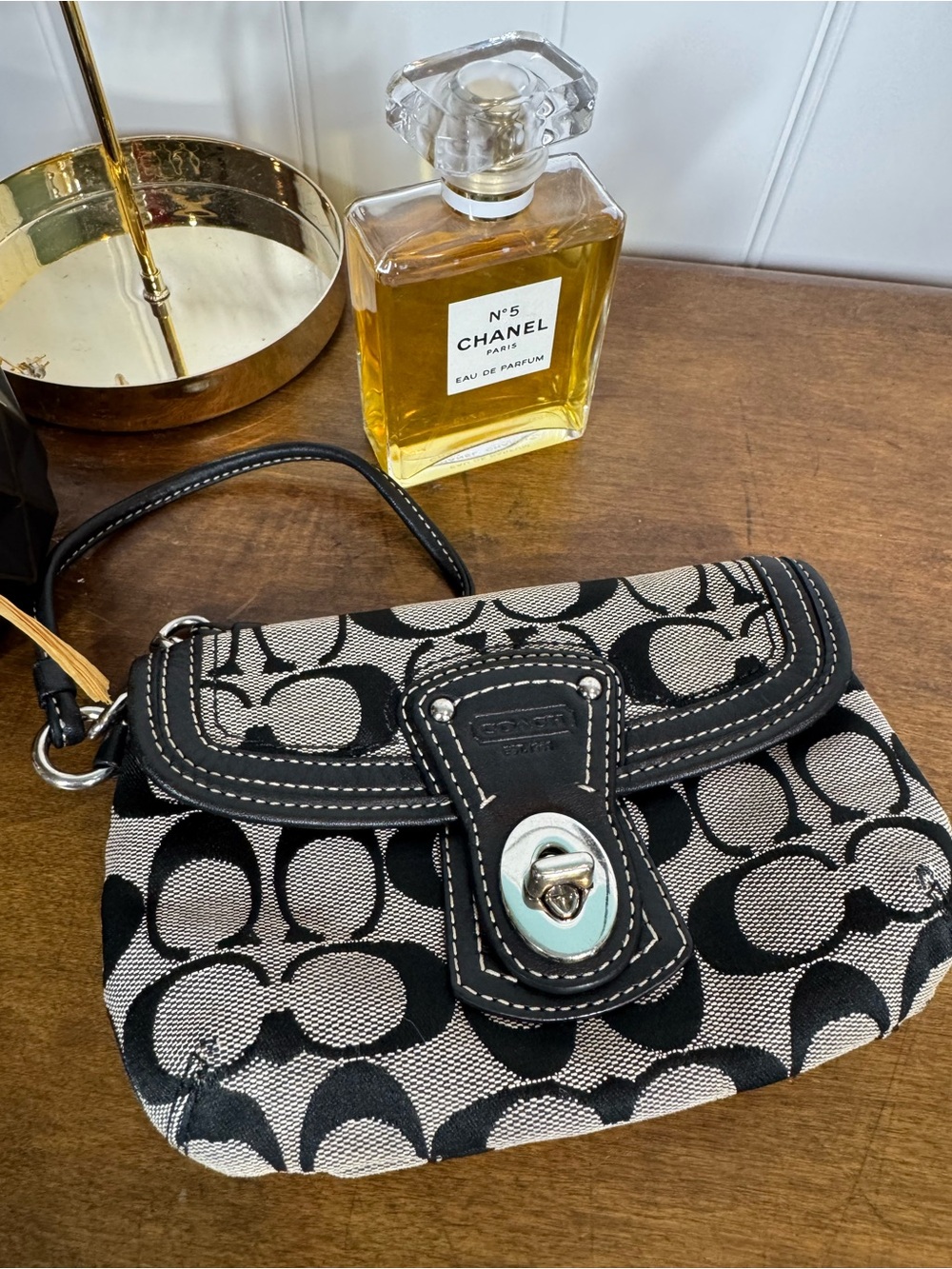 Coach Black and Cream Signature Canvas Wristlet with Turn-Lock